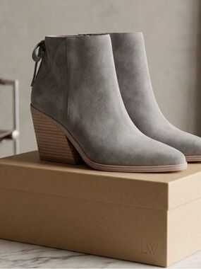 Lucky Brand Grey Suede Ankle Booties with Stacked Heel